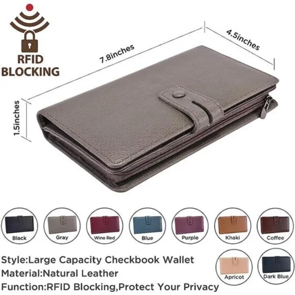 Womens Wallet, Large Capacity Genuine Leather Grey